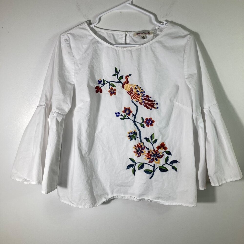 Womens Jealous Tomato Boho Blouse Bell Sleeve Embroidered Peacock Bird M